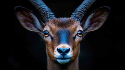 Close-up portrait of a small antelope, with large expressive eyes,  against a black backdrop.  Its horns, ears, and features are clearly visible