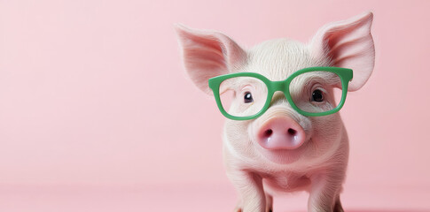 Fototapeta premium cute piglet wearing green glasses stands against soft pink background, exuding playful and cheerful vibe. image captures piglet adorable expression and unique style