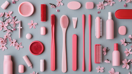 flat lay of pink and red spa tools, including brushes, bottles, and flowers, arranged on gray background creates soothing and organized aesthetic