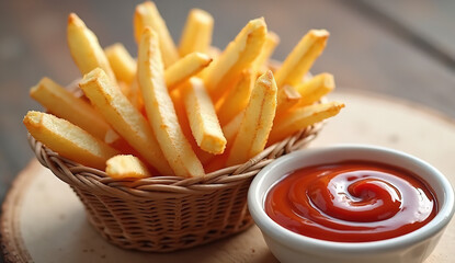 Crispy French fries in a wicker basket with ketchup on a wooden table. Classic fast food snack served outdoors.