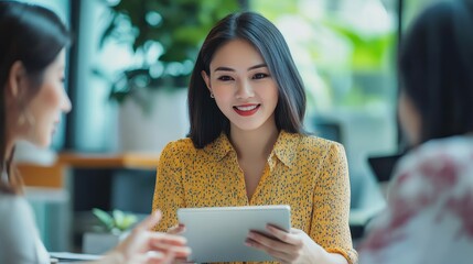 Engaging business discussion in a modern workspace with a woman using a tablet to share insights