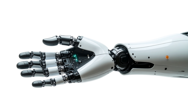 Futuristic robotic hand with advanced tech and design isolated on solid white background Png