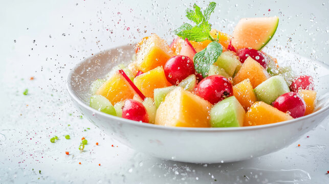and refreshing fruit salad featuring melon, apple, and cherries is beautifully presented in white bowl, with droplets of water adding fresh touch