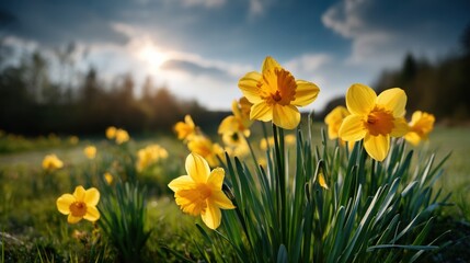 Fototapeta premium Bright spring meadow with vibrant yellow daffodils in the foreground, blue sky with sun flares.