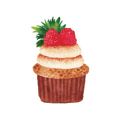 Watercolor illustration of a cupcake with whipped cream, raspberries, and green leaves. Perfect for dessert designs, menus, or bakery themed projects.