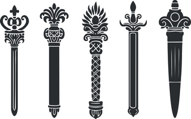 Set of five decorative antique daggers with ornate handles and pointed blades in black silhouette style.