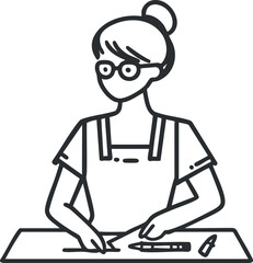 Line art illustration of a woman with glasses cutting paper on a desk for craft or art project