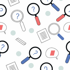 Hand Drawn Seamless Vector Magnifying glasses, clues, and question marks create playful and engaging seamless pattern, perfect for investigation themes, on white background, commercial use