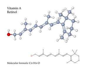 Vitamin A Retinol is important for growth and development, for the immune system and for good vision. 3d illustration of molecular structure and chemical formula (on transparent background)