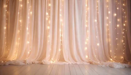 photography background with voile curtains and fairy lights, wedding backdrop, romantic, cream beige champagne colour 