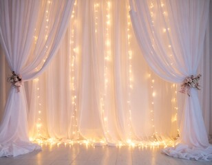 photography background with cream ivory curtains with fairy lights, backdrop for weddings, portraits, drapes texture 