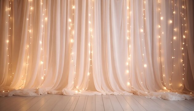 photography background with voile curtains and fairy lights, wedding backdrop, romantic, cream beige champagne colour 