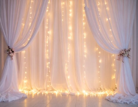 photography background with cream ivory curtains with fairy lights, backdrop for weddings, portraits, drapes texture 