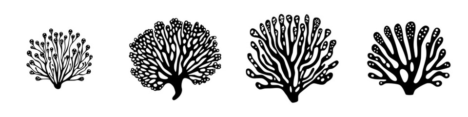 Artistic black coral illustrations showcasing unique designs and shapes for marine inspired decor and education