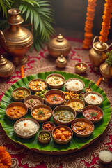 Table full of food and candles set for an elegant dinner party under soft lighting.
