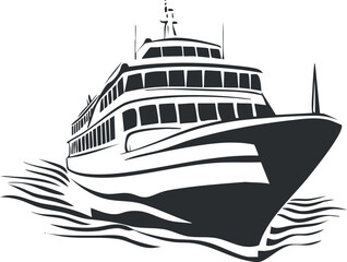 Fototapeta premium Black and white silhouette illustration of a large passenger ship or ferry moving through water with waves.