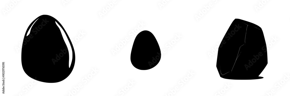 Poster black abstract icon depicting three varying sizes of smooth, rounded rocks arranged in a row display