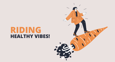 Cartoon vector illustration of a woman flying on a carrot like embarking on a whimsical, imaginative adventure against dark background