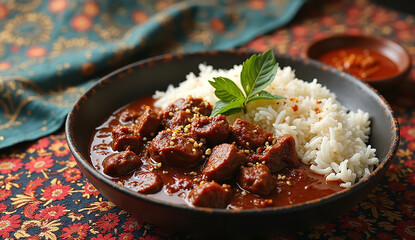 Delicious vegetarian stew with rice home kitchen food photography cozy atmosphere close-up