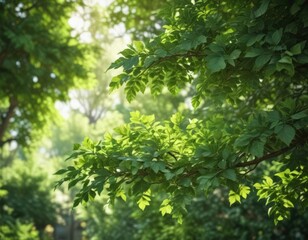 Blurred green leaves, dappled light, soft focus, lush foliage, forest,  jungle