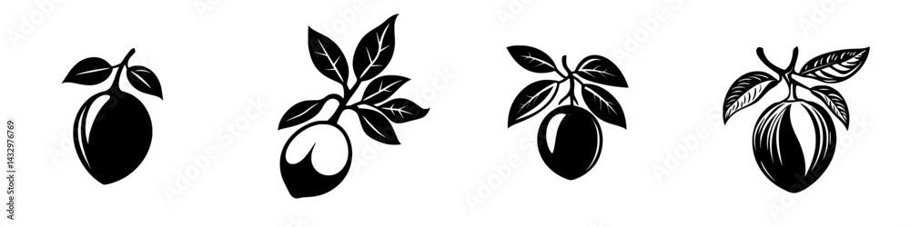 Poster black icons representing various types of fruit with leaves displayed in a simplistic style across a