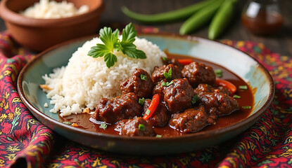 Delicious vegetarian stew with rice home kitchen food photography cozy atmosphere close-up