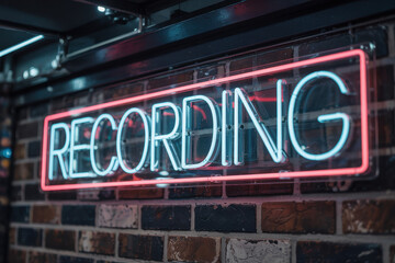 Obraz premium Vibrant Neon 'Recording' Sign Illuminating Urban Background in Cool Blue and Pink Tones