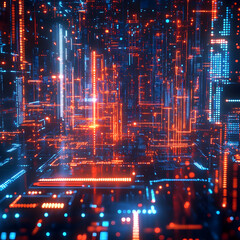 Fototapeta premium Interconnected Data Networks and Glowing Circuitry Visualized in a Matrix Grid within a Futuristic Cyberpunk Metropolis