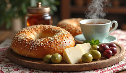Baked simit with a golden crust covered in sesame seeds, served with cheese and olives on a wooden table overlooking the Galata Tower, Turkish cuisine, Food Photography