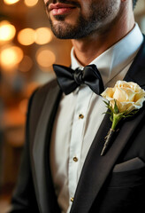Elegant groom in classic black tuxedo with white rose boutonniere, close-up formal wedding attire in warm lighting