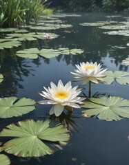 Gentle watercolor water lilies, floating on calm water, garden setting , serene, artistic