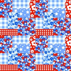 Fourth Of July Floral Patchwork Seamless Pattern Red White Blue Daisy Gingham Digital Paper Background 