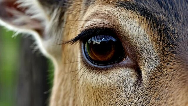 Extreme close-up of deer's eye with brown fur and reflection of trees