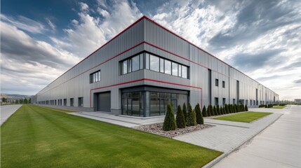 Obraz premium Modern industrial warehouse exterior, large grey facade with red trim, expansive logistics center.
