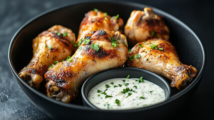 Fried chicken drumsticks with ranch dressing in black bowl, garnished with fresh herbs, create delicious and appetizing presentation