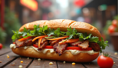 Freshly Made Submarine Sandwich Loaded with Vegetables and Chicken on Wooden Cutting Board in Cozy Kitchen Setting