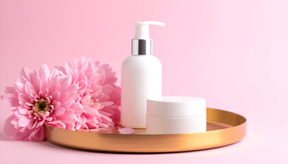 Poduct shot of cosmetics bottle with white labels on golden tray, pastel pink, minimalistic