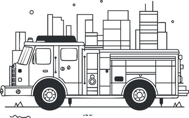 Line art illustration of a firetruck in front of a city skyline representing emergency firefighting and rescue services.