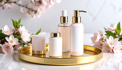 Poduct shot of cosmetics bottle with white labels on golden tray, pastel pink, minimalistic