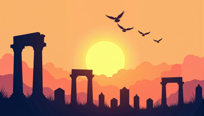 Fototapeta premium Ancient cemetery ruins at sunset, serene historical reflection, memory of those killed in the war.