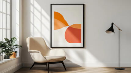 modern living room features black framed abstract colorful shapes poster on white wall, complemented by beige armchair and sleek floor lamp, creating cozy atmosphere