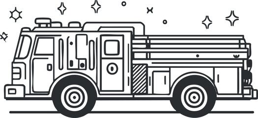 Black and white line art illustration of a fire truck with emergency equipment and sirens