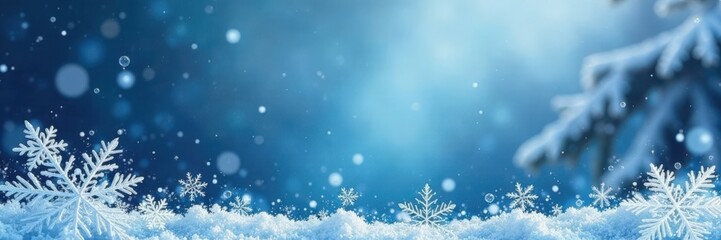 Naklejka premium Delicate snowflake border adorns a winter wonderland background, white, snowflakes, frosty