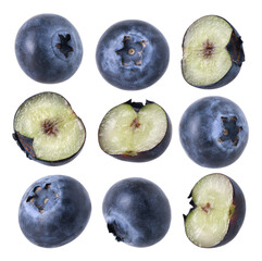 Close-up, Blueberry and half isolated, transparent PNG, Blueberry macro studio photo, cut out, fresh