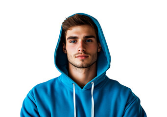 Young man in blue hoodie poses isolated on transparent background