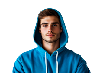 Young man in blue hoodie poses isolated on transparent background