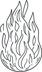 Black and white line art illustration of a burning fire flame with dynamic flickering shapes