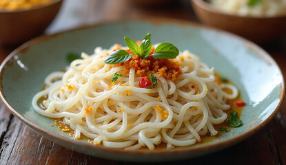 Bowl of tasty cooked instant noodles on wooden table