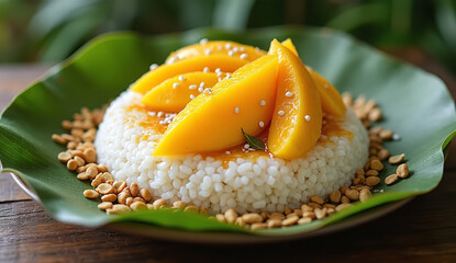 A vibrant dish featuring sweet mango slices atop sticky rice, garnished with crunchy toppings and fresh leaves, served on a green banana leaf for a tropical presentation
