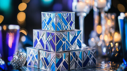 stack of art deco style gift boxes with geometric blue patterns is elegantly arranged on reflective surface, surrounded by candles and festive decorations, creating luxurious ambiance
